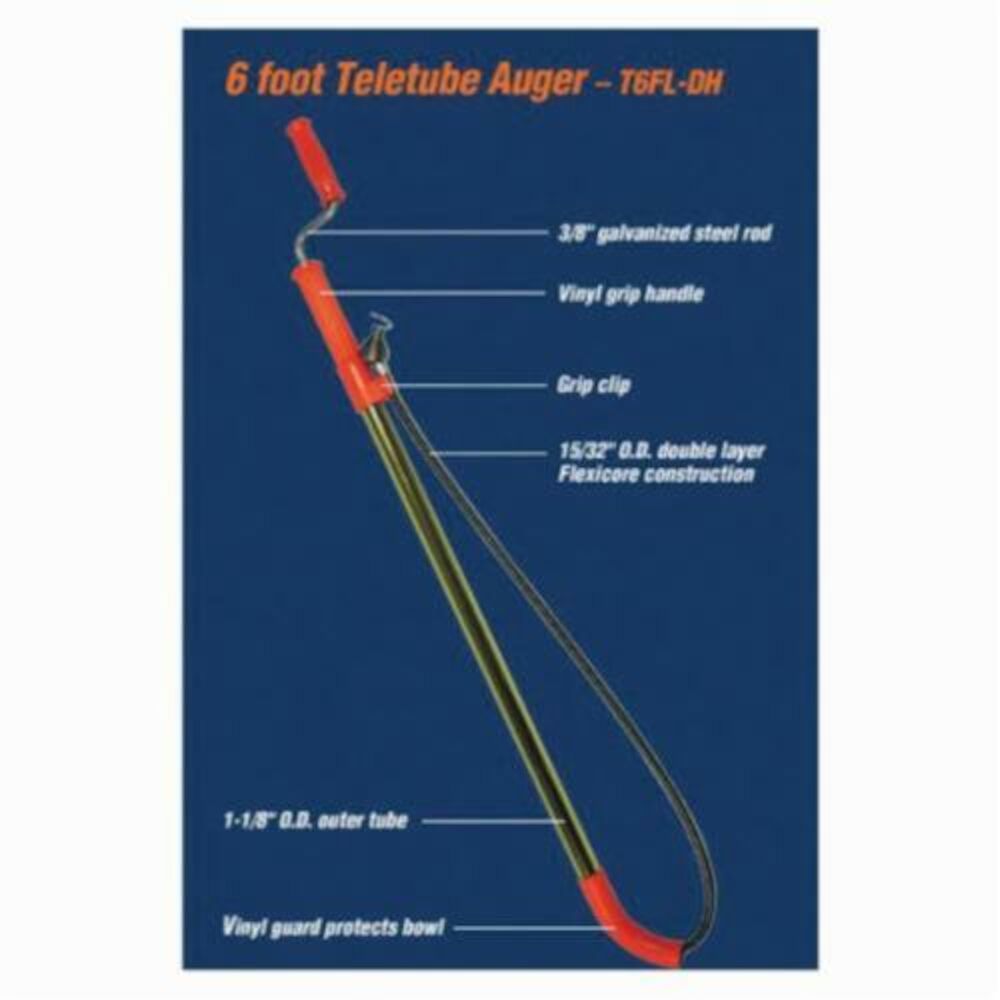 General Pipe Cleaners Teletube® T6FL Regular Head Heavy Duty Closet Auger, 6 ft L Cable, Vinyl Grip Handle