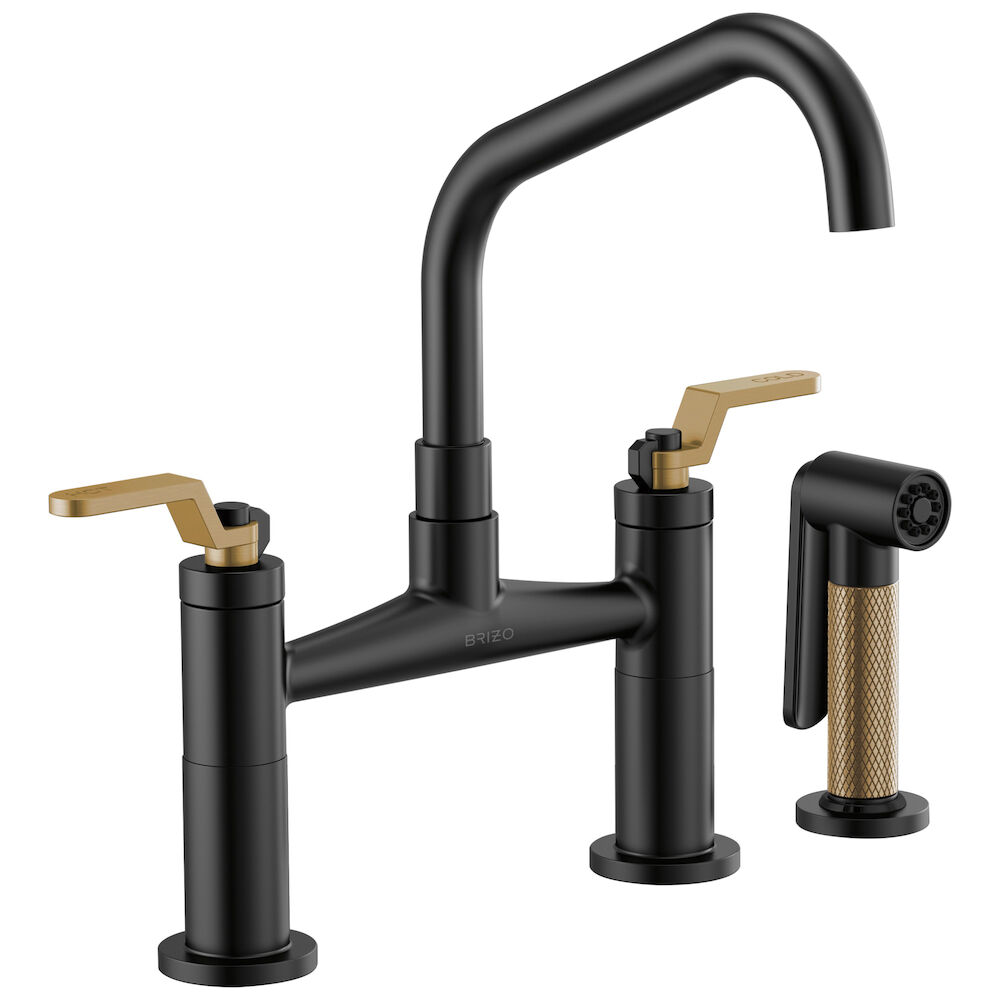 Brizo Litze® Bridge Faucet with Angled Spout and Industrial Handle, Matte Black/Luxe Gold
