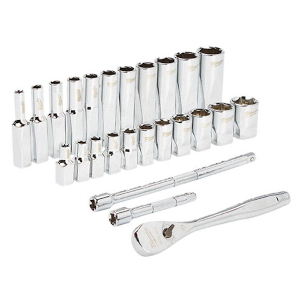 Milwaukee® Tool 48-22-9404 Ratchet and Socket Set, Case Tool Storage, 4 deg Arc Swing, 1/4" Drive, 26 Pieces, Alloy Steel