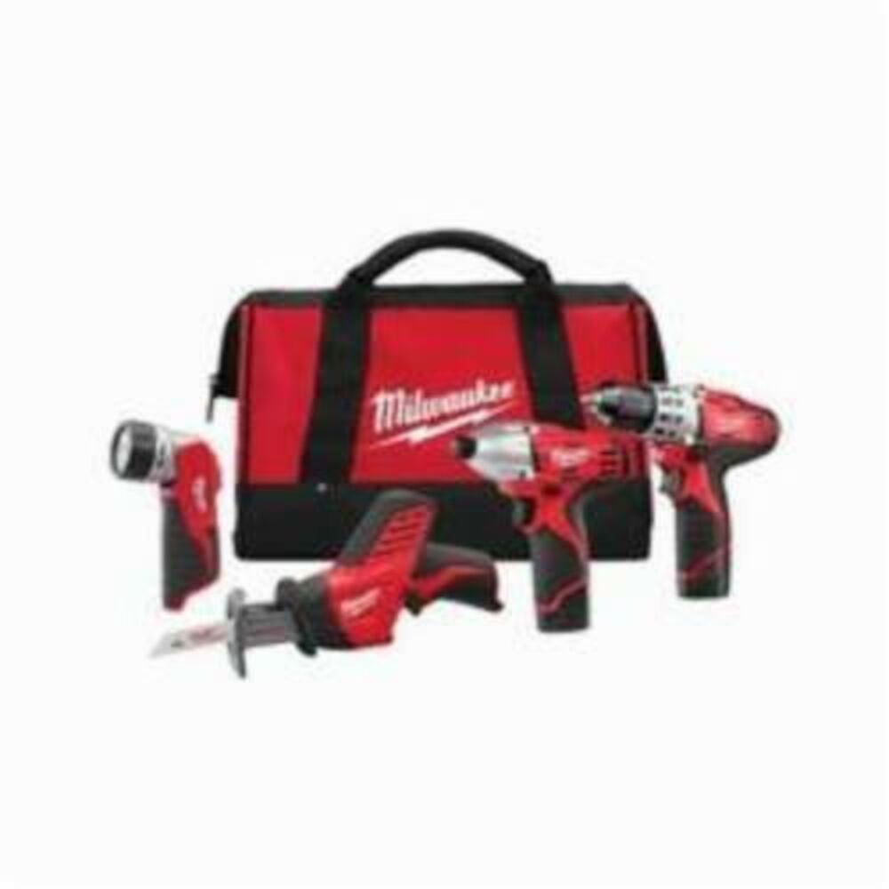 Milwaukee® Tool 2498-24 M12™ 4-Tool Cordless Combination Kit, Tools: Drill, Impact Driver, Reciprocating Saw, Keyless Blade