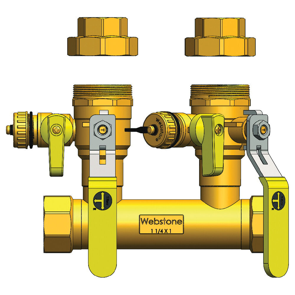 Webstone Hydro-Core™ H-48354-44 Double Ball Drain Manifold, 1" FNPT Union Inlets 1" FNPT Union Outlets, Brass, Import