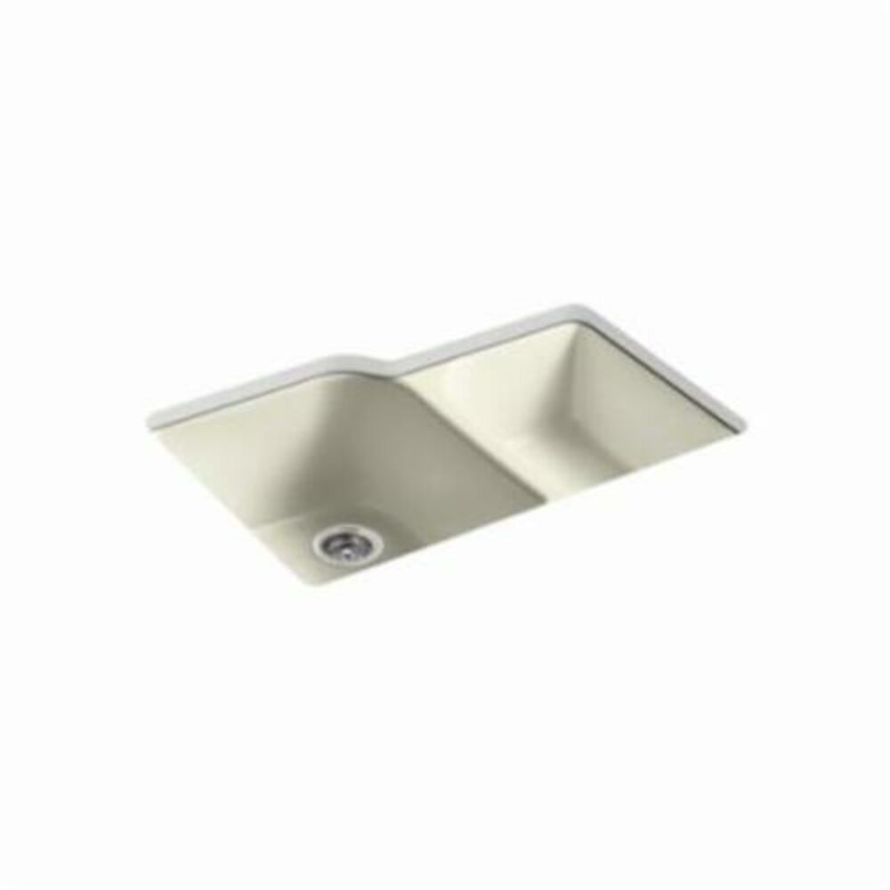 5931-4U-FD Kitchen Sink, Executive Chef™, Rectangular, 16 in Lx19 in Wx9-3/4 in D Left Bowl, 12 in Lx17 in Wx7-3/4 in D Right Bowl, 4 Faucet Holes, 33 in Lx22 in Wx10-5/8 in H, Under Mount, Cast Iron, Enameled Cane Sugar™