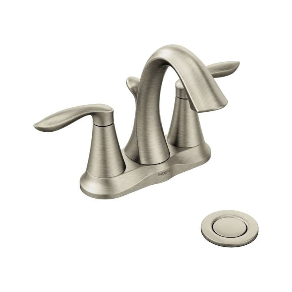 Moen® 6410BN Centerset Bathroom Faucet, Eva®, Brushed Nickel, 2 Handles, Metal Pop-Up Drain, 1.5 gpm