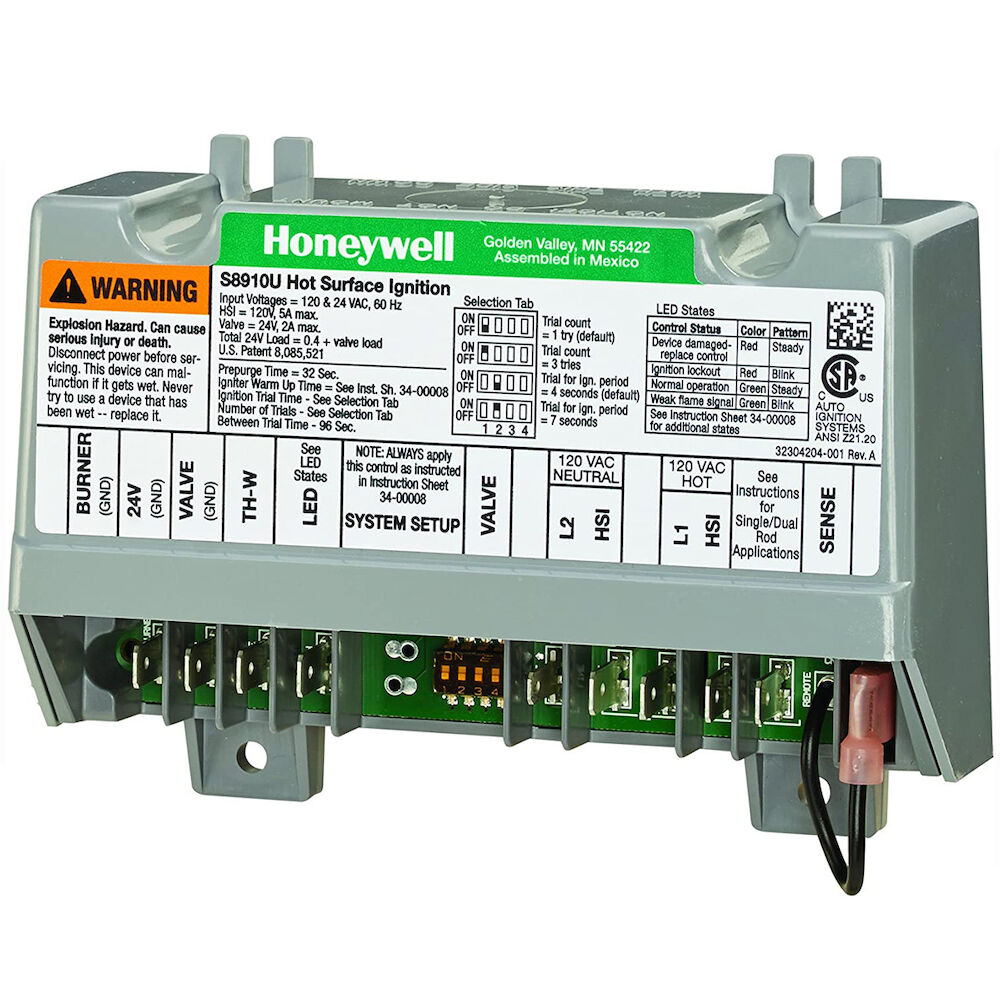 Honeywell S8910U3000/U Universal Hot Surface Ignition Module, 24 V, 2 A, 24 V Control, 32 s Prepurge