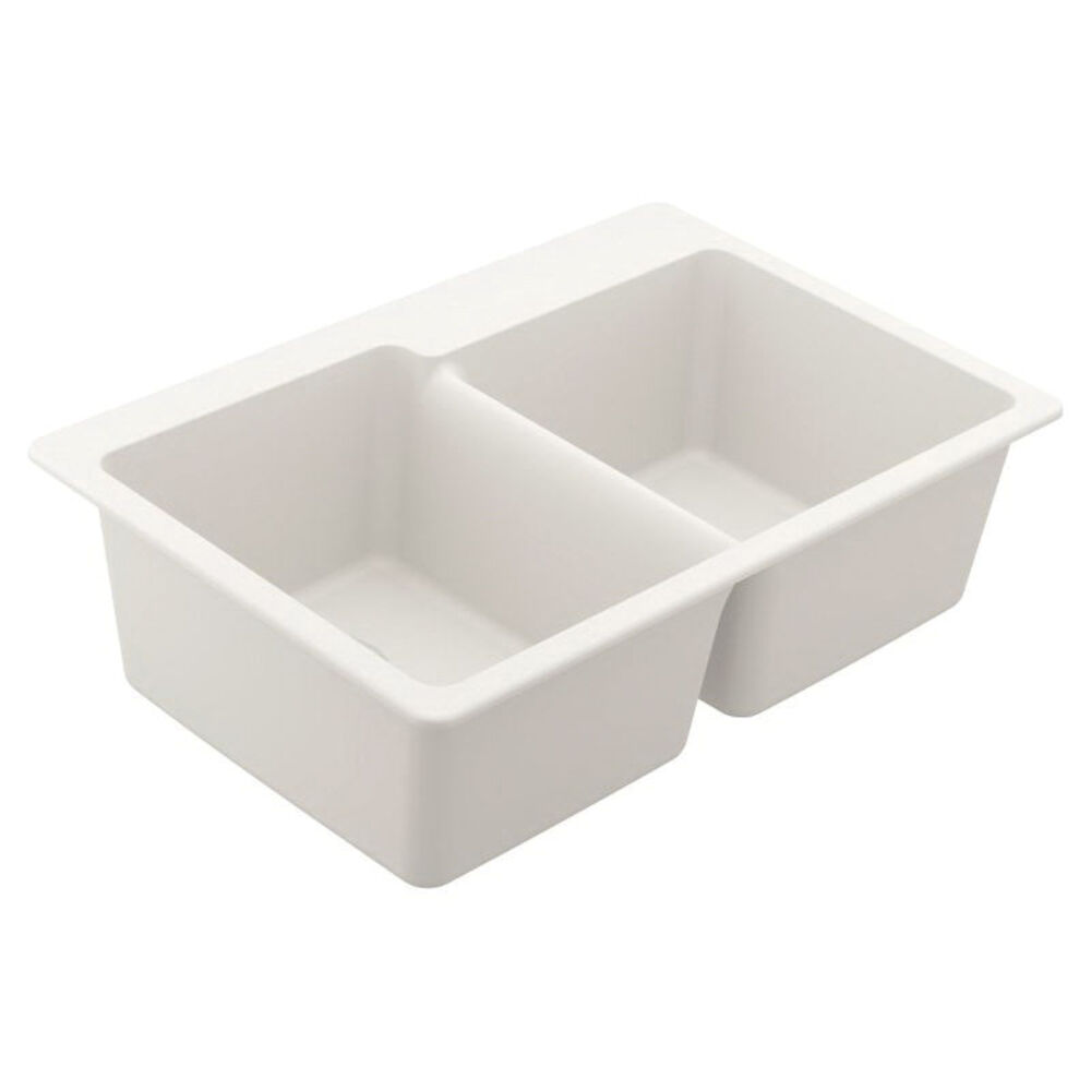 Moen® GGW3024B Double-Offset Sink, 33" L x 20" W x 9-1/2" D, Undermount/Drop-In Mount, Granite, White, Import