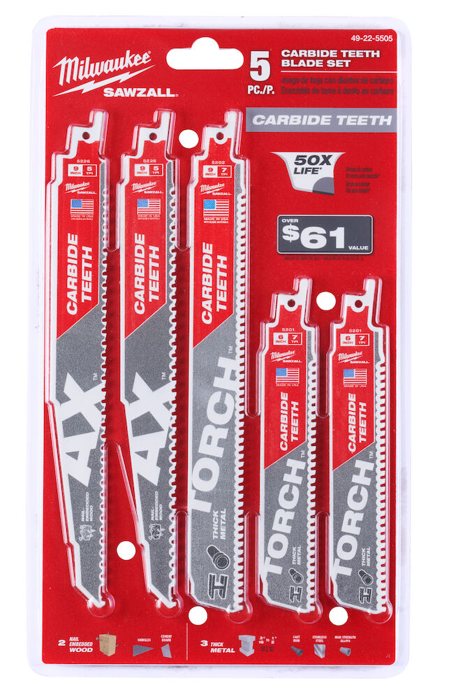 Milwaukee® Tool 49-22-5505 SAWZALL® Reciprocating Saw Blade Set, 5 Pieces, 0.05" THK, Carbide/Steel