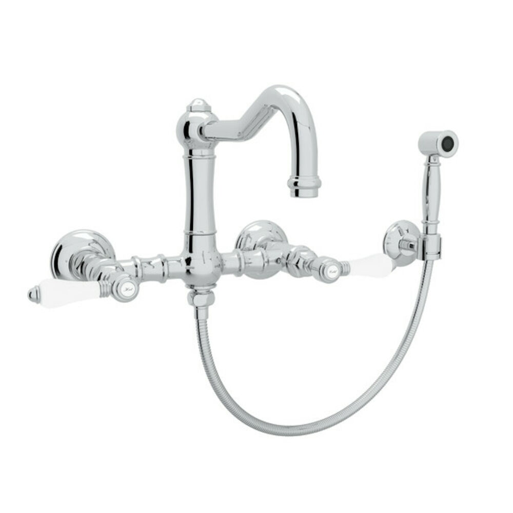 A1456LPWSAPC-2 Country Kitchen Wall Mounted Column Spout Bridge Faucet with Sidespray, White Porcelain Lever, Polished Chrome