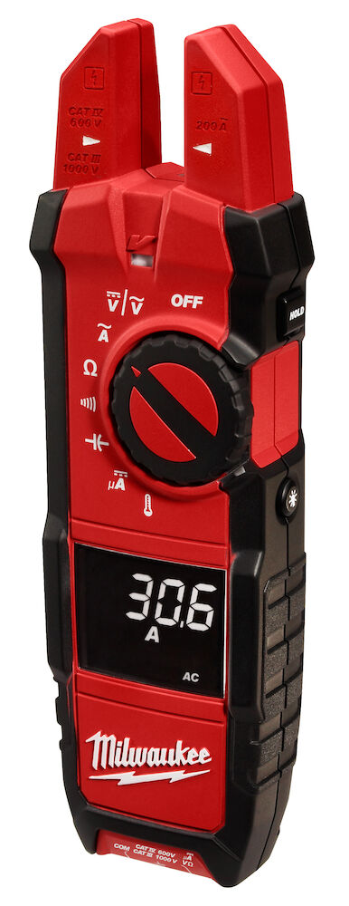Milwaukee® Tool 2206-20NST Dial Switch Fork Meter, 200 A 1000 V, 40 mOhm, 50/60 Hz, 5/8" Jaw, Reverse Black LCD Display