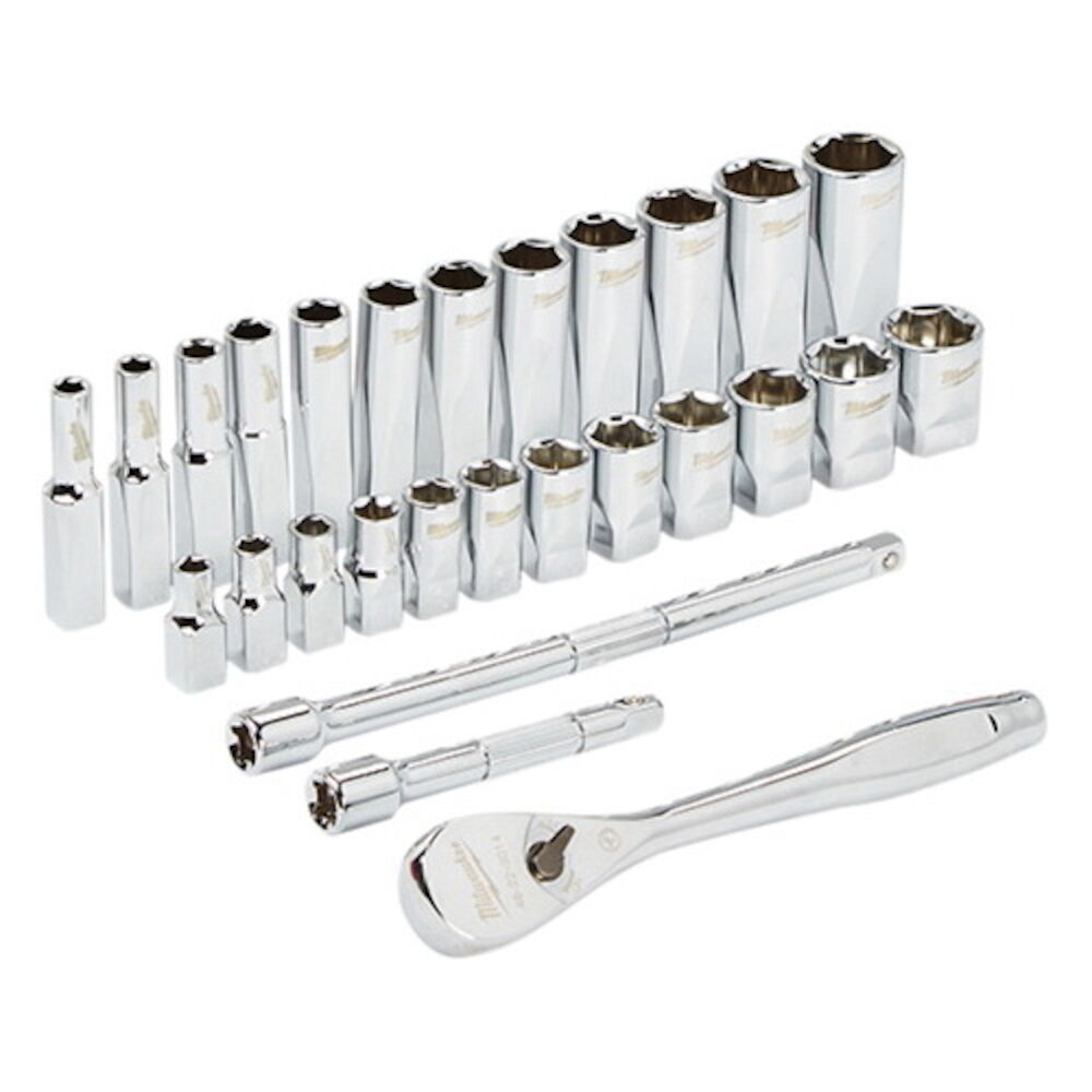 Milwaukee® Tool 48-22-9504 Ratchet and Socket Set, Case Tool Storage, 4 deg Arc Swing, 1/4" Drive, 28 Pieces, Alloy Steel