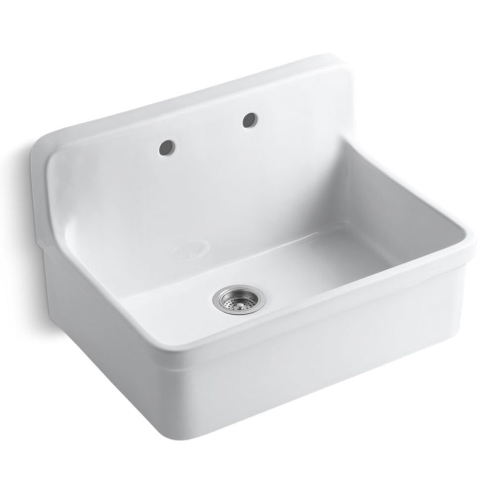 Kohler® 12700-0 30" Gilford™ Kitchen Sink, Rectangular, 2 Faucet Holes, Wall/Top Mount, Vitreous China, White