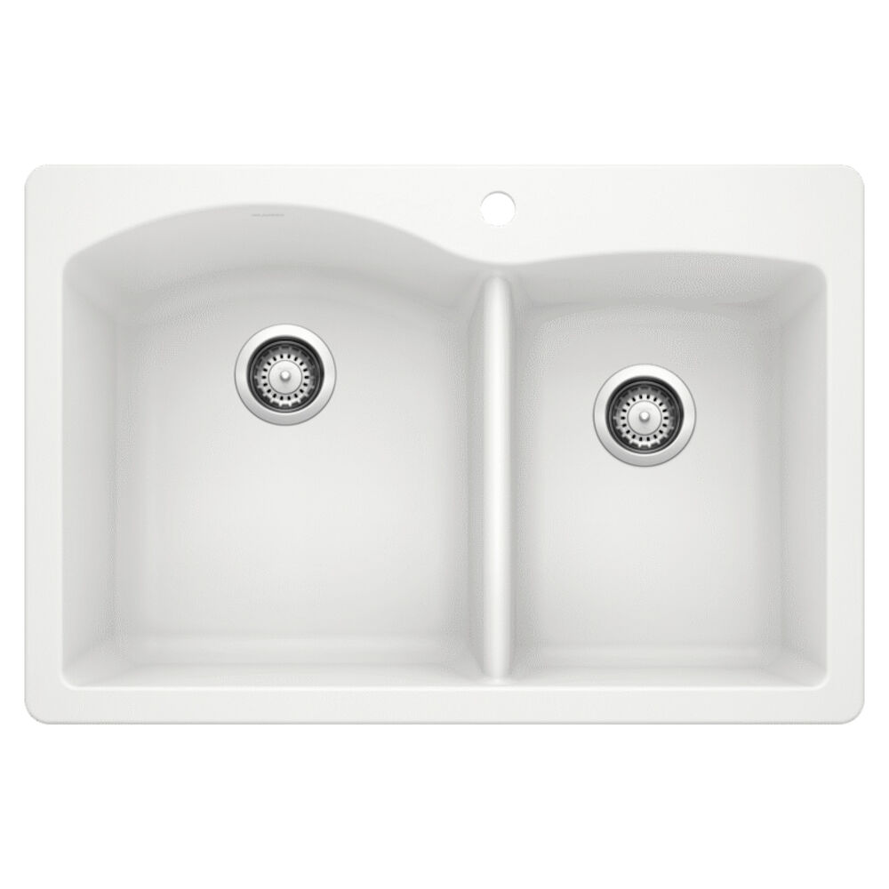 440216 33" DIAMOND™ 1-3/4 Bowl Dual Mount Kitchen Sink, D-Shape, 1 Faucet Hole, Granite Composite, White