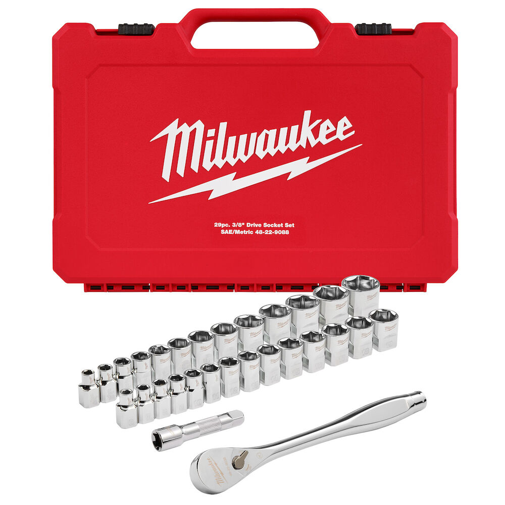 Milwaukee® Tool 48-22-9088 3/8" Drive Metric & SAE Ratchet and Socket Set with FOUR FLAT™ SIDES, 29-Piece