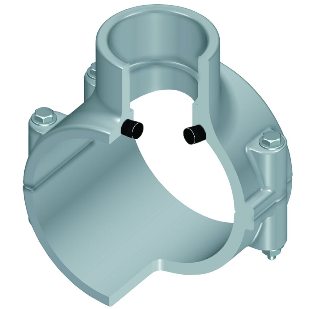 866SV-247C 2 x 1/2" Clamp-On Pipe Saddle, Socket, Single Outlet, FKM O-Ring, Stainless Steel Hardware, CPVC, SCH 80, Molded