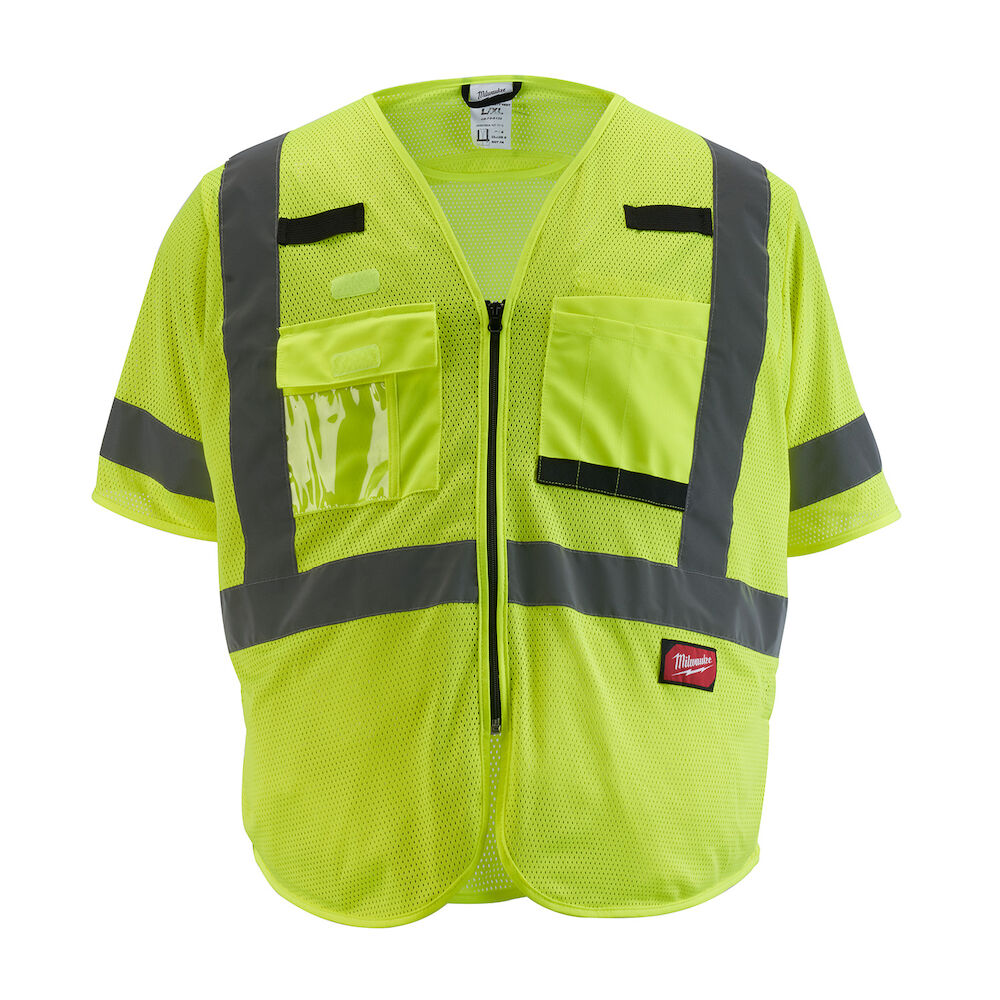 48-73-5131 Class 3 Mesh Safety Vest, Hi-Viz Yellow, Hook and Loop/Zipper Closure, 9 Pockets