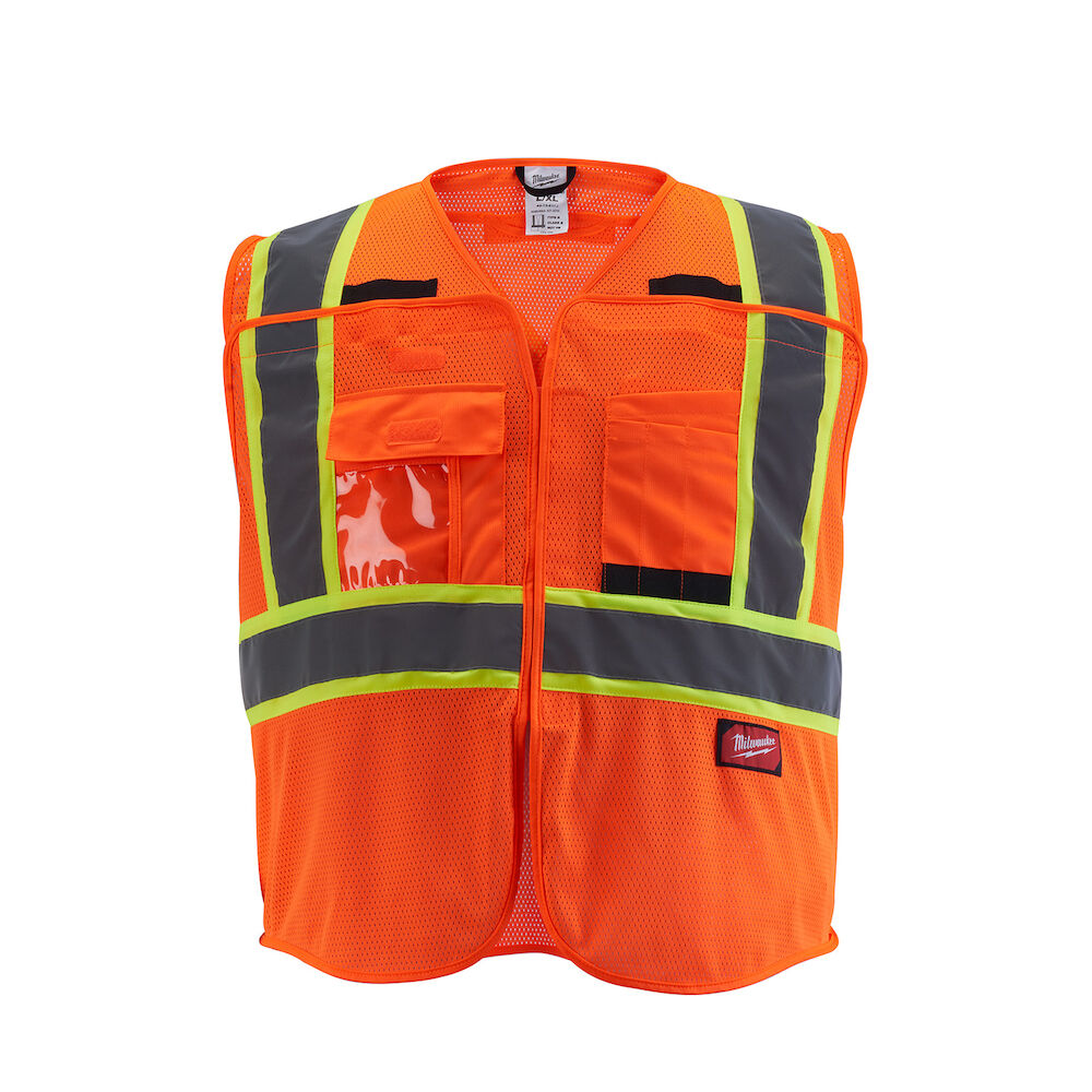 48-73-5125 Class 2 Breakaway Mesh Safety Vest, Hi-Viz Orange, Hook and Loop Closure, 9 Pockets