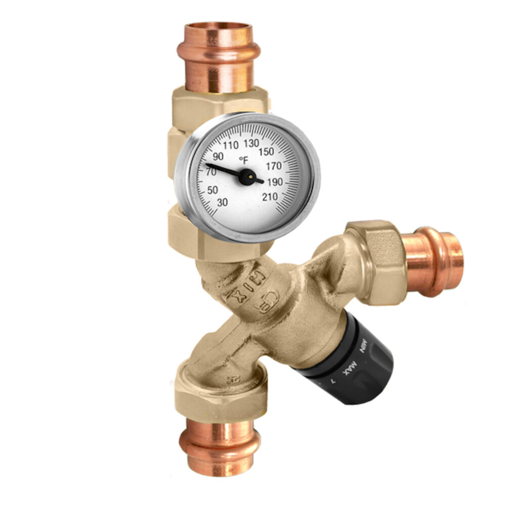 520516A 3/4" Angle Thermostastic Press Mixing Valve w/ Temperature Gauge, 520 Series, Union, DZR Brass