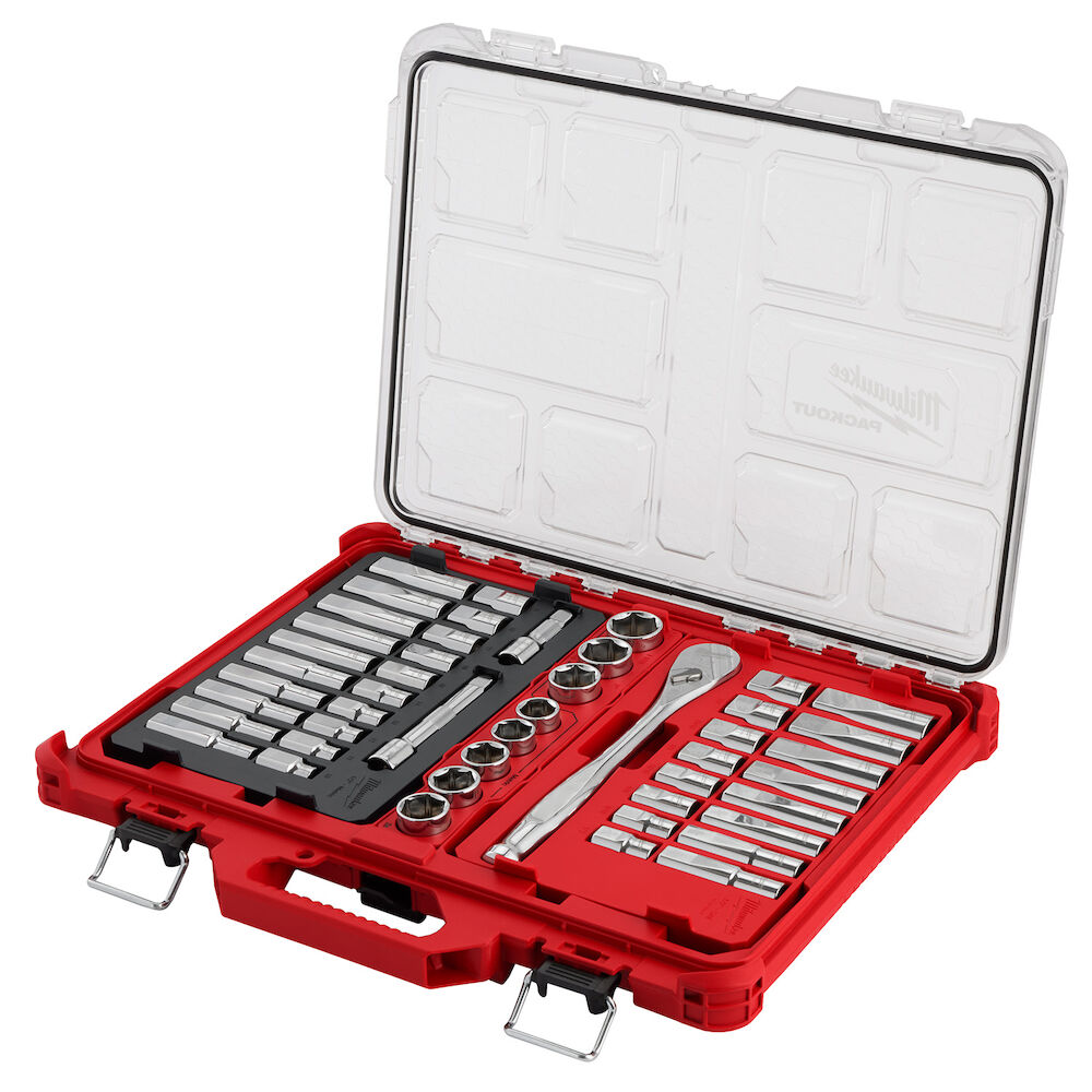 Milwaukee® Tool 48-22-9487 Drive Ratchet & Socket Set with PACKOUT™ Low-Profile Organizer, 1/2" Drive, 47-Piece, SAE & Metric