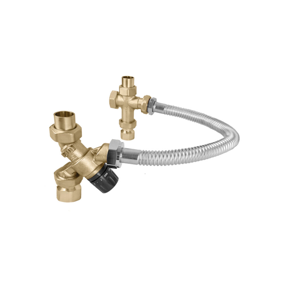 Caleffi TankMixer™ 520509AX Mixing Valve w/ 18" Flex Hose, 3/4" FNPT x C, Brass
