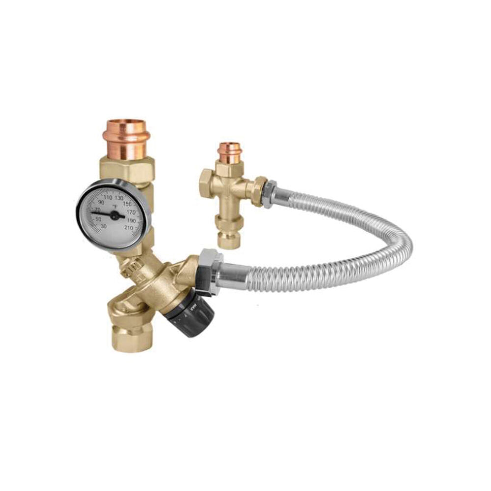 Caleffi TankMixer™ 520516AX Mixing Valve w/ 18" Flex Hose, 3/4" FNPT x Press, Brass