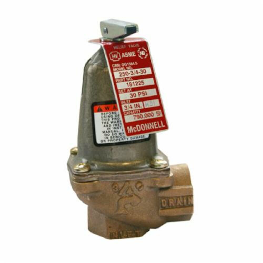 McDonnell & Miller 181225 250 Pressure Relief Valve, 3/4 in, NPT, 30 psi, Bronze Body