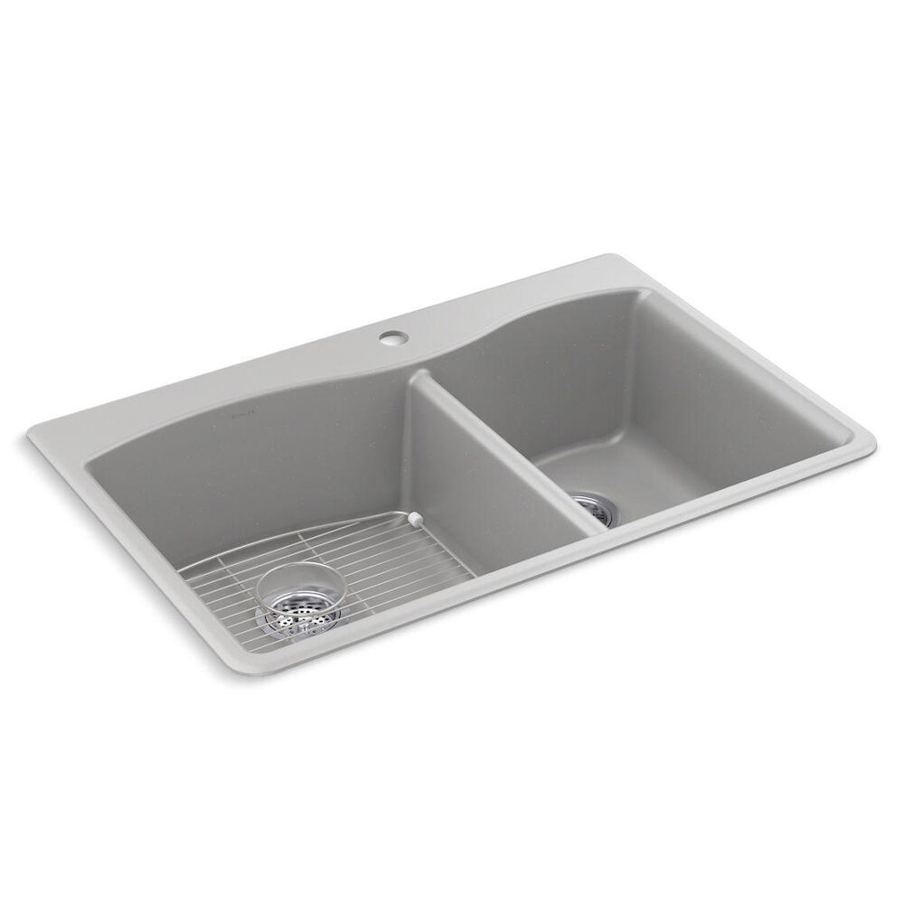 Kohler® 28002-1-CM4 28002-1 Kennon Dual-Bowl Kitchen Sink, 1 Faucet Holes, 9-5/8" H x 22" W x 33" L, Top/Under Mounting, Neoroc Composite, Matte Grey