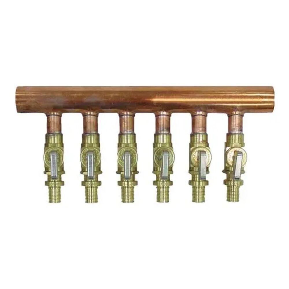 Uponor LF2500600 Manifold w/ Ball Valve, 1" Inletsx(6) 1/2" Outlets, Brass