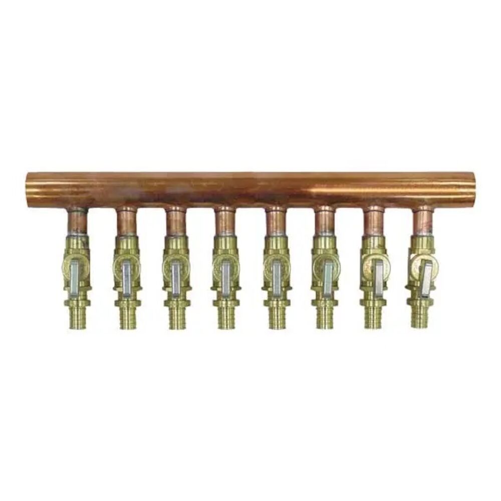Uponor LF2500800 L Valved Manifold, 8 1/2" Outlets 1" Inlets, Brass/Copper