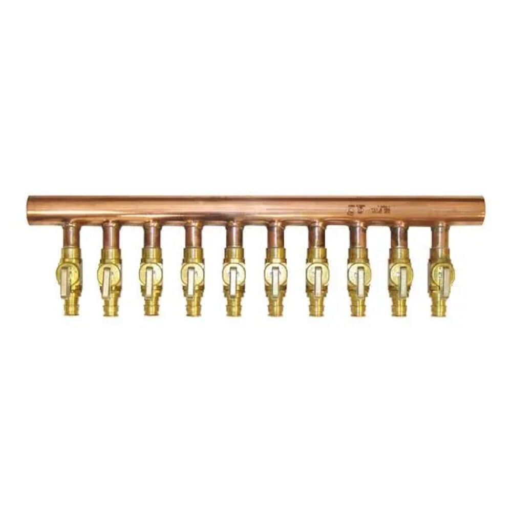 Uponor LF2501000 L Valved Manifold, 10 1/2" Outlets 1" Inlets, Brass/Copper