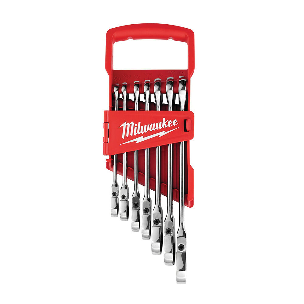 Milwaukee® Tool 48-22-9429 Flex Head Ratcheting Non-Lockable Combination Wrench Set, 7 Pieces, 3/8 to 1 in, Polished Chrome