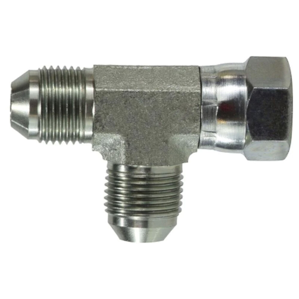 660212 Hydraulic JIC Swivel Run Tee, 1-1/16-12 Male JIC x 1-1/16-12 Female JIC  x 1-1/16-12 Male JIC, 37 Deg Flare, Steel