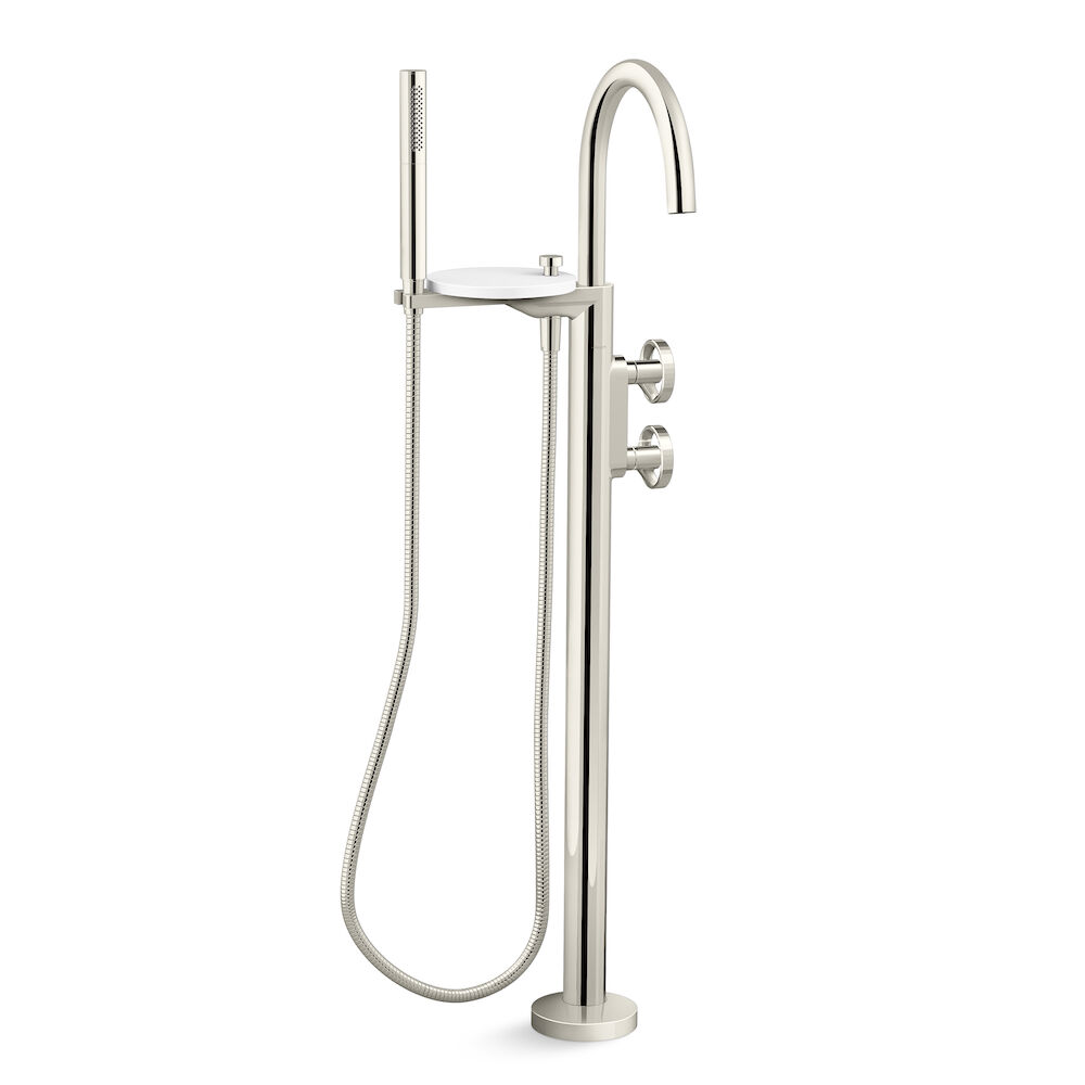 Kohler Components Floor-Mount Bath Filler Trim with Industrial Handles and Handshower, Vibrant Polished Nickel