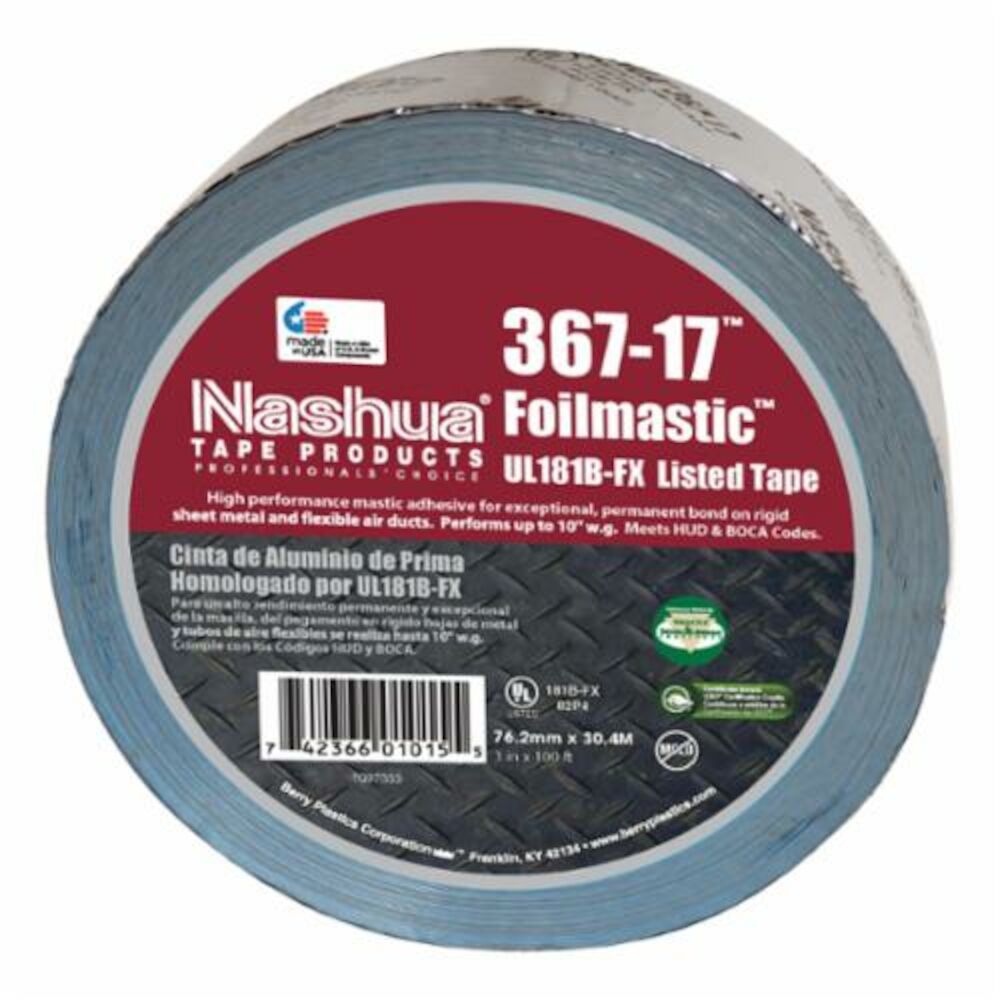 Nashua® FoilMastic™ 1086865 367-17 Mastic Sealant Tape, 3" W x 100' L, 17 mil THK, Aluminum Printed