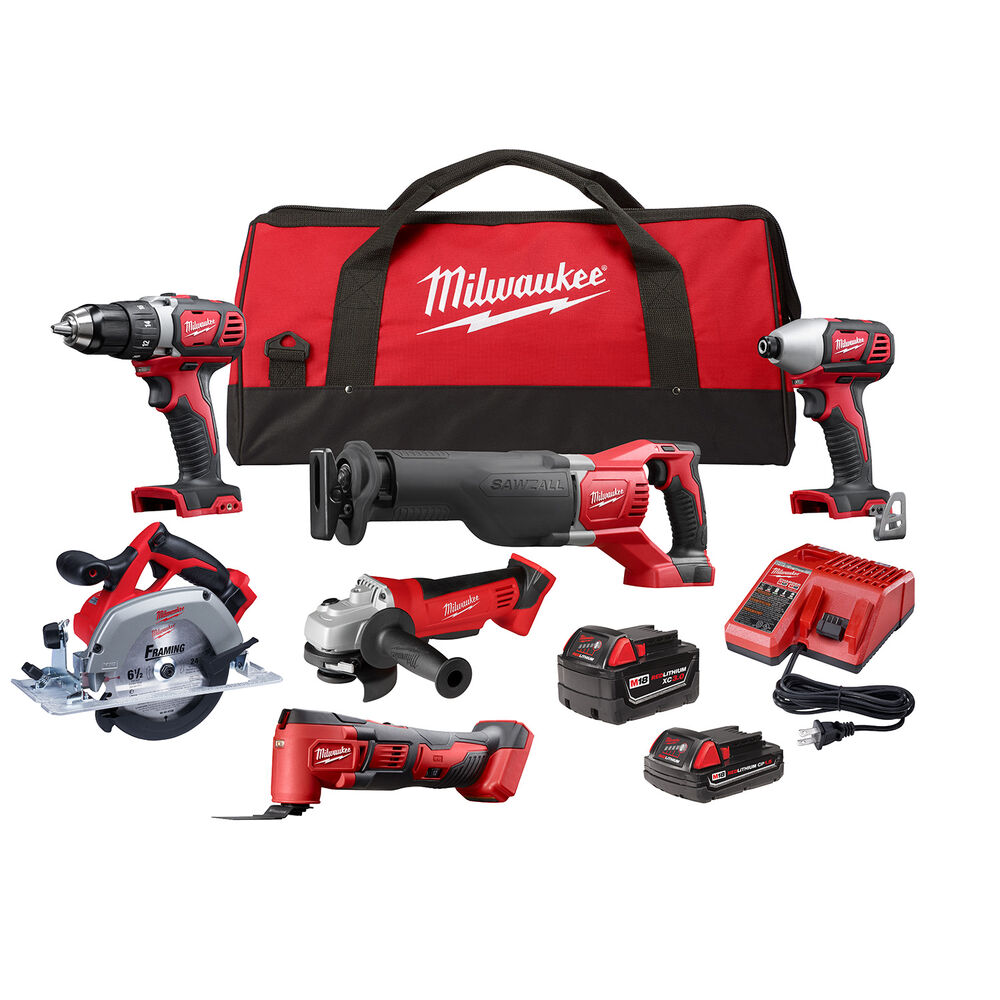 Milwaukee® Tool 2697-26 M18™ 6-Tool Cordless Combination Kit, Tools: Compact Drill/Driver, Hex Impact Driver, Circular Saw, Sawzall, Grinder, Multi-Tool
