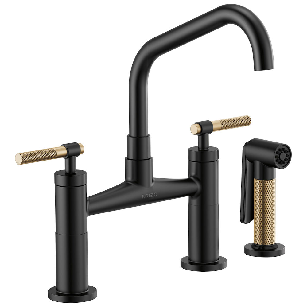 Brizo Litze® Bridge Faucet with Angled Spout and Knurled Handle, Matte Black/Luxe Gold