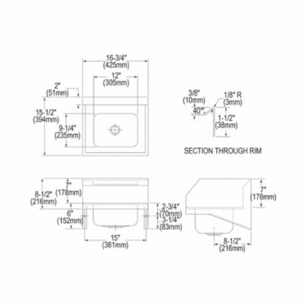 CHS1716LRS4 Hand Wash Sink, Rectangular, 15-1/2" W x 13" H, Wall Mount, 304 Stainless Steel, Buffed Satin