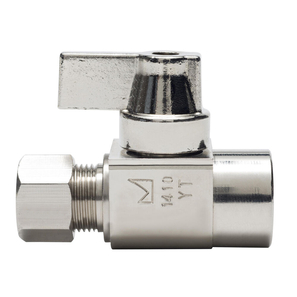 129-G2S1C 1/4 Turn Straight Supply Stop, 1/2x3/8" Nominal, CxCompression, Brass Body, Nickel Plated, Domestic