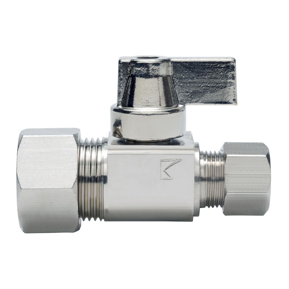 129-G2C0C 1/4 Turn Straight Supply Stop, 5/8x1/4" Nominal, Compression, Brass Body, Nickel Plated, Domestic
