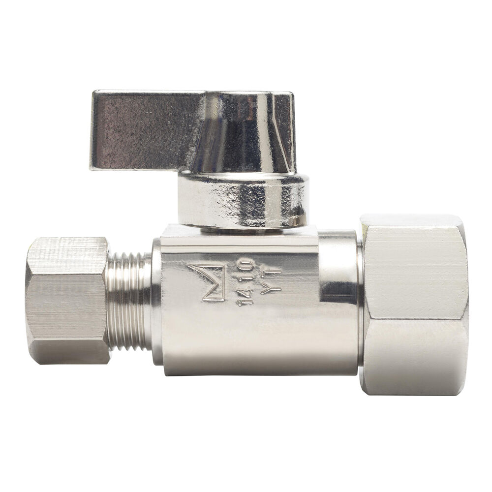 129-G2F1C 1/4 Turn Straight Supply Stop, 1/2x3/8" Nominal, FNPTxCompression, Brass Body, Nickel Plated