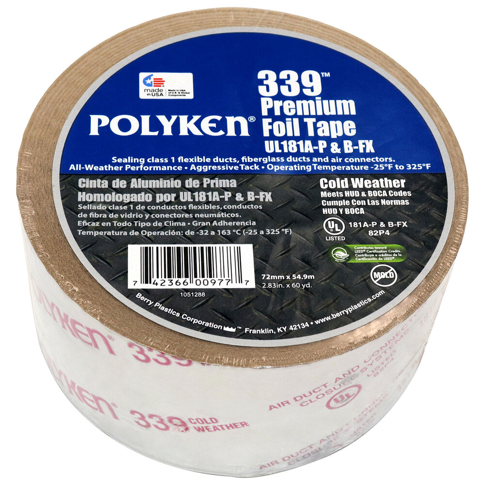 Polyken® 1087637 339 Cold Weather Premium Foil Tape, 72 mm Wx60 yd L, 4.8 mil THK, Aluminum Printed