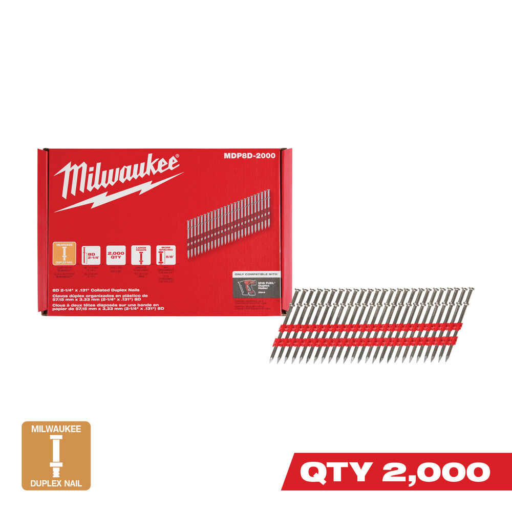 Milwaukee® Tool MDP8D-2000 8D 2-1/4” x .131” Collated Duplex Nails, 2000 Nails