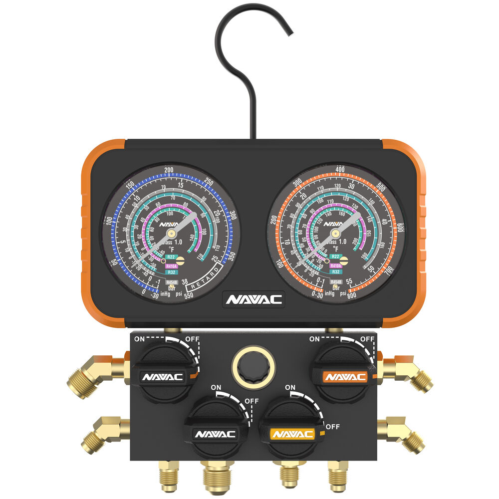 N4A4B 3-1/8" PRO+ Impact Resistant 4 Valve Manifold Gauge for R-454B and R32 Refrigerants, -30 inHg to 800 psi, Hook Mounted, Aluminum and Rubber