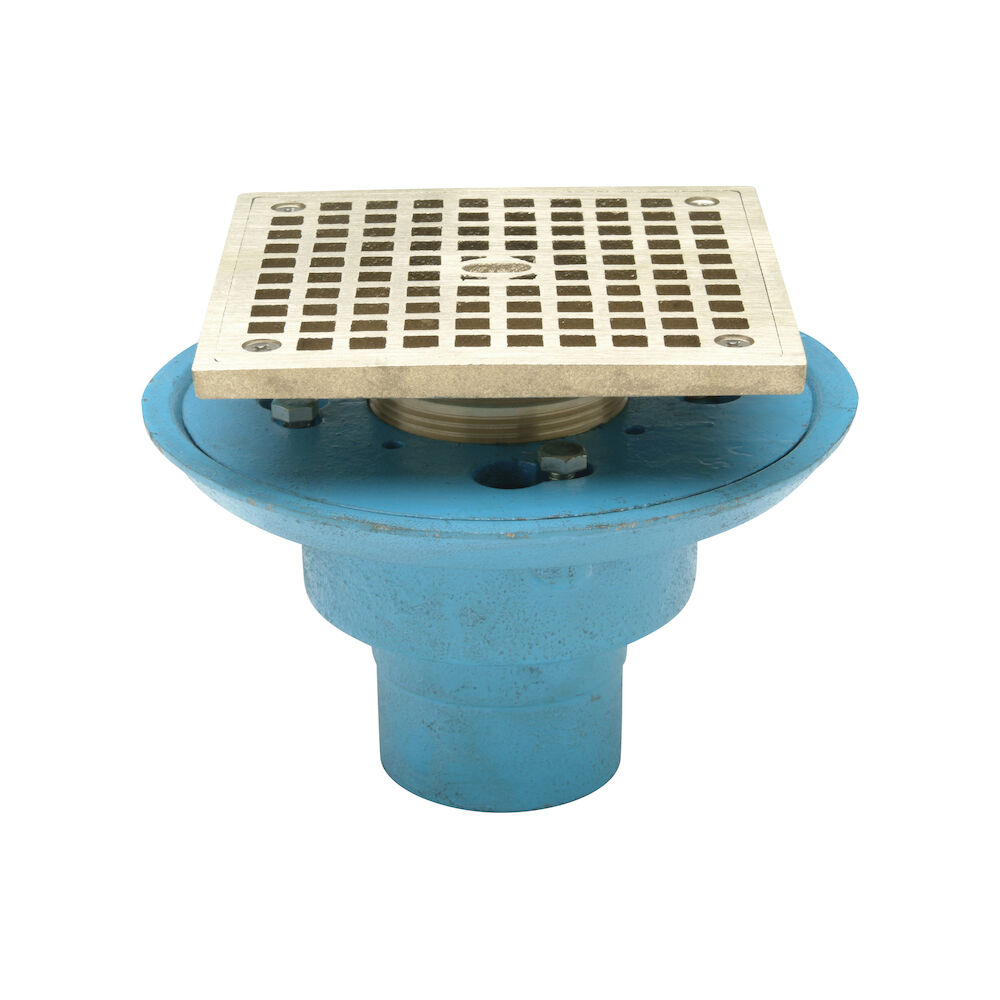 FD2254-NH2-S5 Square Shower Drain, 6-3/8" OD, 2" No-Hub, 5-3/16" Nickel Bronze Grid, Cast Iron Drain