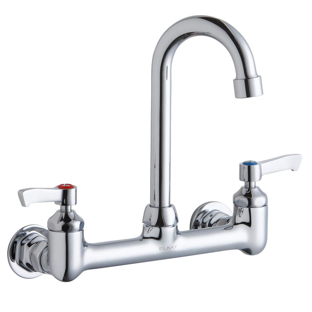 ELKLK940GN04L2H Scrub/Handwash 8" Centerset ADA Wall Mount Faucet w/ 4" Gooseneck Spout, 2" Lever Handles 1/2"  Offset Inlets, Brass