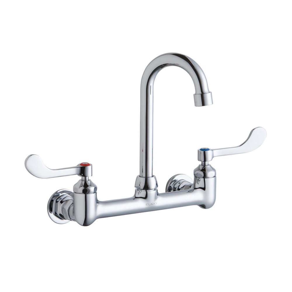 ELKLK940GN04T4H Scrub/Handwash 8" ADA Centerset Wall Mount Faucet w/4" Gooseneck Spout, 4" Wristblade Handles 1/2"  Offset Inlet, Brass