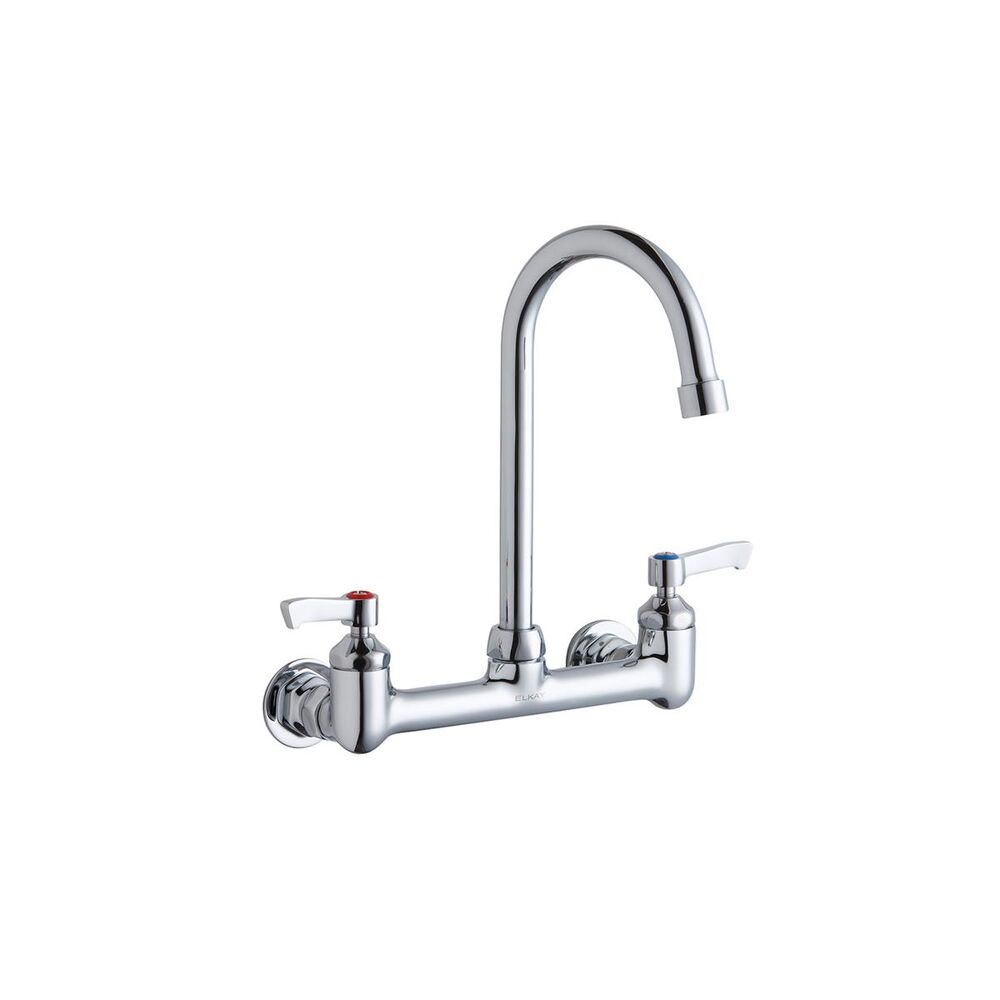 ELKLK940GN05L2H Scrub/Handwash 8" ADA Centerset Wall Mount Faucet w/ 5" Gooseneck Spout, 2" Lever Handles 1/2"  Offset Inlets, Brass