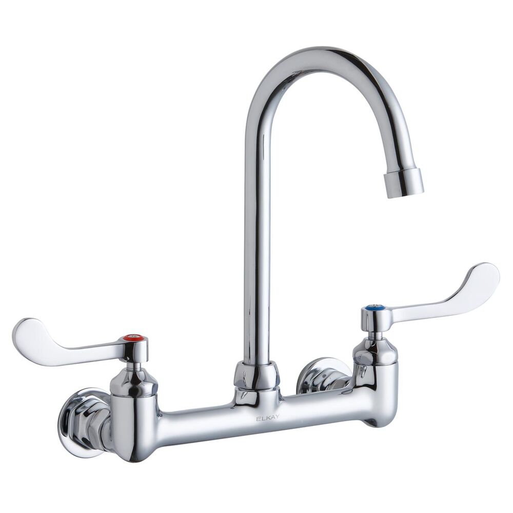 ELKLK940GN05T4H Scrub/Handwash 8" ADA Centerset Wall Mount Faucet w/ 5" Gooseneck Spout, 4" Wristblade Handles 1/2"  Offset Inlet, Brass