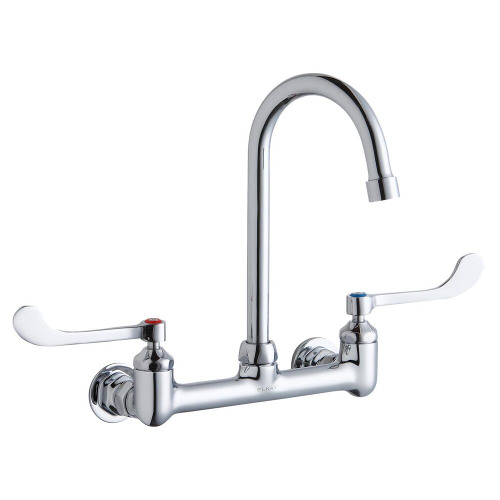 ELKLK940GN05T6H Scrub/Handwash 8" ADA Centerset Wall Mount Faucet w/ 5" Gooseneck Spout, 6" Wristblade Handles 1/2"  Offset Inlet, Brass