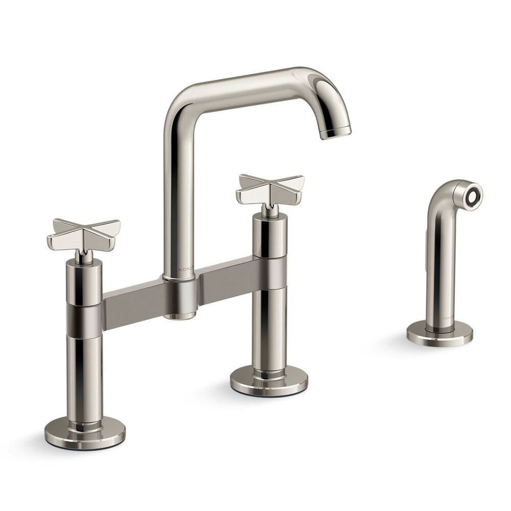 K-28665-3-SN Billet™ Two-Hole Bridge Kitchen Faucet w/ side Sprayer, Vibrant Polished Nickel