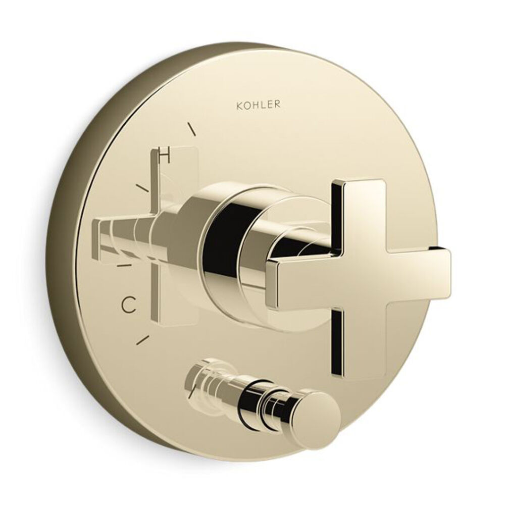 K-T73117-3-AF Composed® Rite-Temp® Valve Trim w/ Push-Button Diverter and Cross Handle, Vibrant French Gold