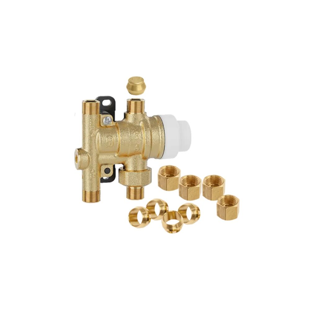 Caleffi 521201A 5212 4-Port Scald Protection Point-of-Use Mixing Valve, 3/8" Nominal, Compression End Style, 150 psi Pressure, 0.35 to 2.3 gpm Flow, Brass Body
